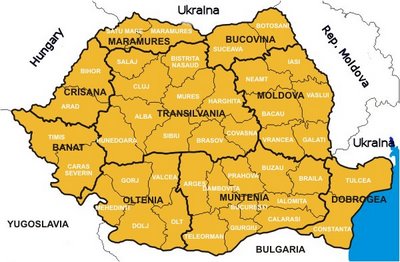 The Romanian historical provinces - Romania is traditionally divided in 9 historical provinces: Muntenia, Oltenia, Dobrogea, Banat, Crisana, Maramures, Transilvania and Bucovina. Another simpler division includes the former kindoms that unite to create Romania: Tara Româneasca (also known as Wallachia - comprising Oltenia, Muntenia and Dobrogea), Moldova (in English: Moldavia - comprising Moldova and Bucovina) and Ardealul (comprising Transylvania, Crisana, Banatul and Maramures).