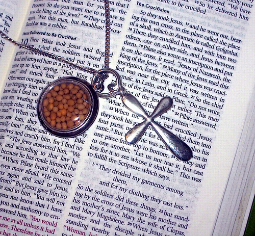 Open Bible with Cross and Mustard Seeds - This is an image of the Bible opened at the account of the crucifixion of Jesus, which a necklace of mine draped over it - a cross, and a pendant containing mustard seed to represent the Bible verse about having faith as 'small as a mustard seed'.