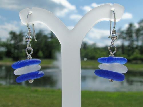 Cobalt and White Sea Glass Stack Earrings - Two gorgeous cobalt blue and one frosty clear piece of sea glass adorn each earring. These 'stacks' hang approx 1/2'L from sterling silver french earwires.