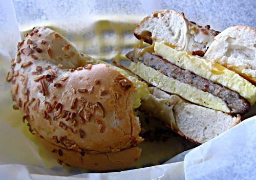 Breakfast Sandwich - Sausage egg and cheese on an onion bagel