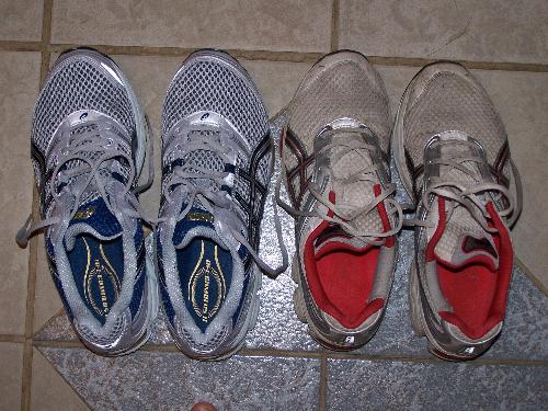 New Shoes - New blue shoes and old red shoes