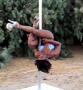 Just hanging out while working out - Hanging upside down by the inside of the right thigh ain't easy but it is fun!