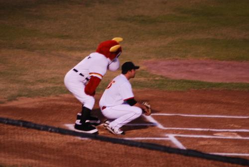 Ceremonial First Pitch - Tuffy the Toro umping ceremonial first pitch at Hi Corbett, Tucson, Arizona, August 31, 2009