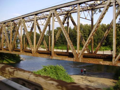 River crossing - A couple of people fishing under the bridge as we passed over it on the way up to Reiter's Pit to 4x4 in Washington.