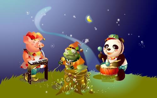 Panda, pig and frog - Panda, pig and frog. They are playing instruments and singing.