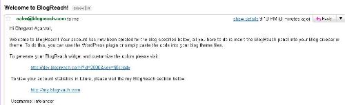 BlogReach - Snap Shot of the mail received after signing up for BlogReach. BlogReach helps you promote your blog.