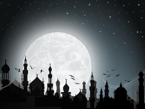 Beautiful picture - Graphics used in this image are good.I don't remember where the mosque is located.But the picture is excellent.Script from holy Quran written on moon and birds flying around the mosque.The picture is mixed with the rising full moon with arabic script of holy Quran and situation of mosque at the dusk as seen normally in many countries.