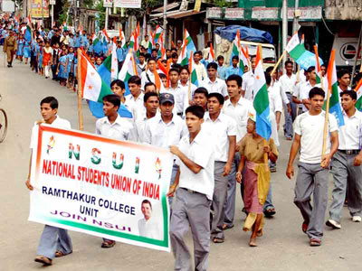 Marching of student - The National Students Union of India (NSUI) taking out a march demanding return of the democratic system of election process in the state Tripura (India) colleges and educational institutes.