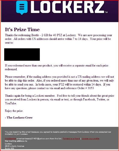 Lockerz Receipt 2 - This is a receipt from Lockerz for a 2GB Bettle UBS Flash Drive for 40 PTZ. I will post images of the prize later when I receive it and this will be posted at my website http://mysite.verizon.net/vzeug5se