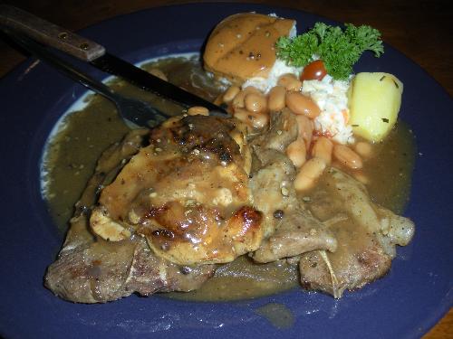Mix lamb steak black pepper sauce - Served with baked potato, coleslaw, roast bun and baked beans..Delicious..