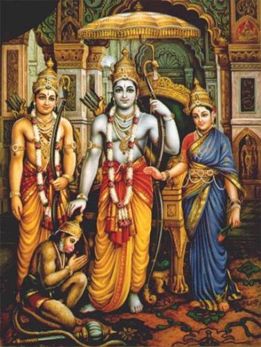 God - Lord Srirama with brother laxman and sitadevi. and Hanuman at his feet.