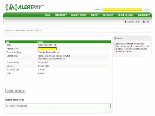 Payment proof - This is the proof of payment of my first cashout from Genius Funds to my Alertpay account.