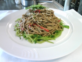 Spicy Noodles Salad - This is a noodle salad created at the culinary institute. It is a cold japanese style oriental soba noodles, and black soya sauce, with some beef and sesame seeds for the topping..