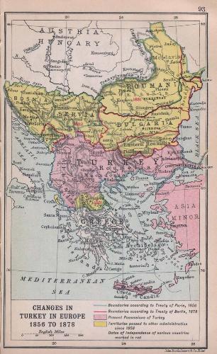 The Balkans in 1878 - A map of the Balkans one year after Romania gained its Independence. It shows what territories the Ottoman Empire lost in the war against Russia and its allies.
