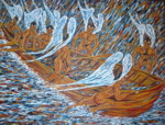 Take to the Sea - Seven naked seafarers take to the sea oil on canvas 36'X48'