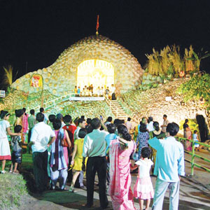 Durga puja - The colorfully decorated Durga puja pandal on Asthami puja in Assam, India.
