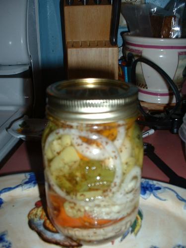 my canning this year - this is my Jar of peppers from my garden it is my first time to pickle anything i cant wait to try them.