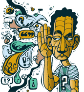 Take Heed! - Man listening, being all ears, becoming aware, devouring words, eavesdropping, getting an earful, giving attention to, hark, hearken, listen, overhear, take in
