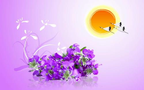 flower - blue flowers, flying white birds, yellow sun