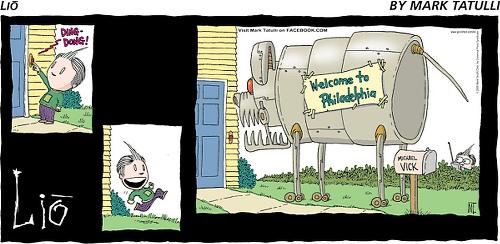 Lio in Sunday paper, 10-04-09 - Lio's own special way of looking at the world as shown here depicting Michael Vick's welcome to Philadelphia.