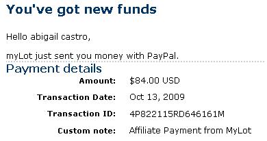 payment from mylot - my first proof of payment from this site since joining last July