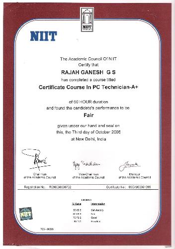 Rajah Ganesh G.S. Certificate - MY Hardware Certificate A+ Comptia