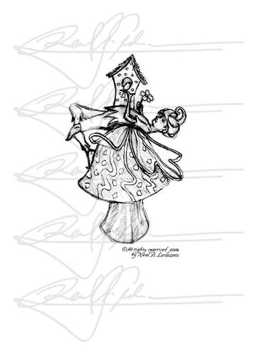 Fairy Figurine - This particular drawing would have gone to a ceramic factory. The final product was intended to be porcelain. It was my job back then to design and create the final artwork for the sculptors to follow.

The image of course would be adjusted to fit in to a blog. A background will be added and other details which were not done due to considerations in its fabrication. More details equals more money to do and hence a figurine that will come out expensive. Si