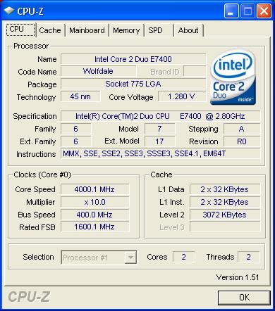 Core 2 Duo overclocked to 4.0Ghz - This is a captured image of CPU-Z showing a Core 2 Duo overclocked to 4.0GHz. With the 45nm technology implemented in the Wolfdale processor, huge overclock is always possible even with air cooling.