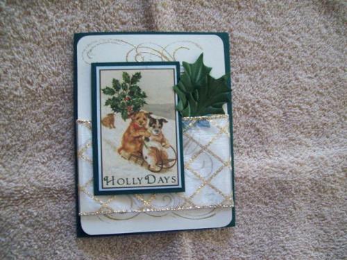 Victorian Christmas card - To little doggies enjoying the Holly Days