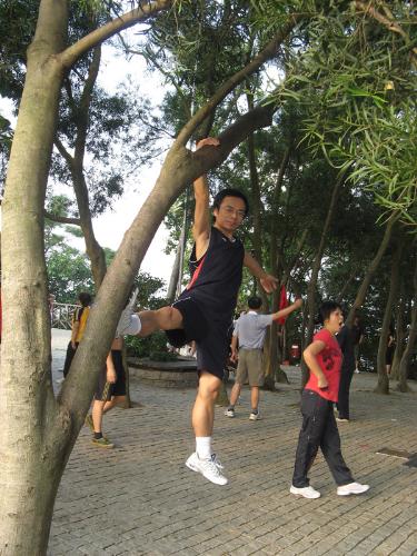 Myself - this photo was takend the day before by my friend, also my colleague, I cimbed in a tress, whcih strong enough to hang me up, haha.