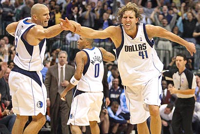 Dirk congratulated by Kidd - Dirk Nowitzki congratulated by Jason Kidd after scoring 29 points in the fourth quarter to propel the Mavs is a 27 point turnaround win.