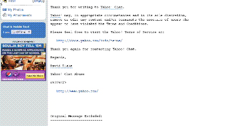Yahoo's Reply - Yahoo's reply to the personal message I send to them regarding my deleted email account.