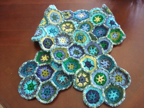 My Hand Crocheted Hexagon Afghan Scarf - My hand crocheted scarf, made with all shades of blue and green, hexagons (3 colors each), individually pieced together.