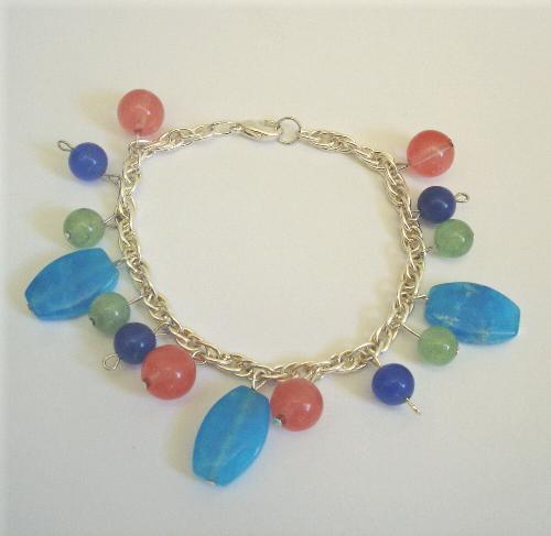 Jelly Bean Bracelet - I call this the 'jelly bean' bracelet. Made with silver-plated chain and gemstones: cherry quartz, blue aventurine, blue chalcedony, and green prehnite...delicious?