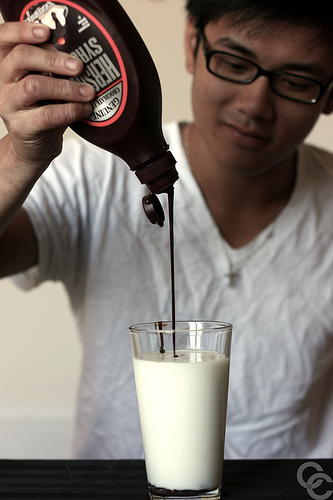 milk + chocolate syrup - choco syrup is calcuim stripper to milk