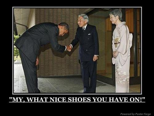 Obama - President Obama can't help but to bow as he admires the shoes of the Japanese Prime Minister.