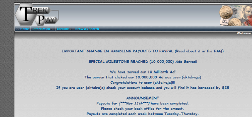 Trekpay Home Page - Trekpay ptc homepage. It's a great site to earn. I'm waiting for my 6 dollars from them.