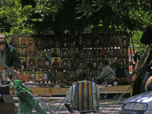Icon painters - A photo of icon painters near the 'Aleksander Nevski' cathedral. There are more than 200 icons to see.