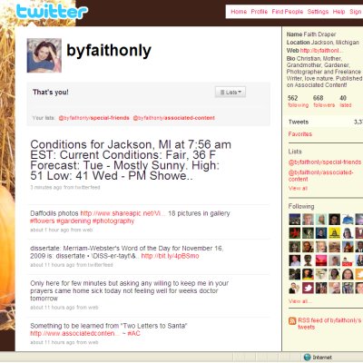 Twitter Profile ScreenShot - This is a screen shot of my profile page at Twitter - don't get too used to it though I'm known to change my background (this one is autumn colors & pumpkins)with the season or as the mood hits me.