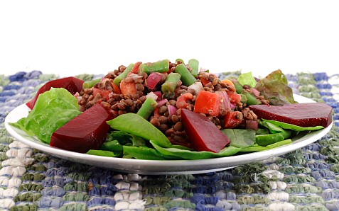 Puy Lentil Salad - This is the photo of the puy lentil salad. The ingredients are onion , garlic , water , puy or french lentils , salt ,tomato , fresh herbs like basil to taste , sliced carrots, beans ,sage , red wine vinegar.