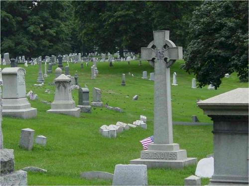 a cemetery - a cemetery with lots of coffins