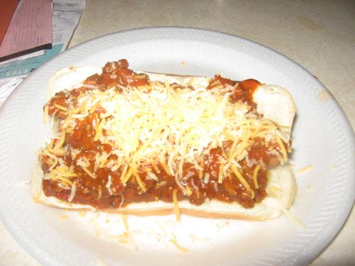Chili dog - Hot dog smothered with chili and cheese