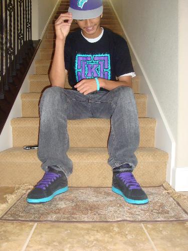 me - This is a picture of me on my stairs. I'm matching and all.