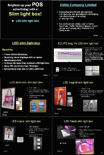 Edlite LED light box - There are so many kinds of slim light box in Edlite Company Limited. The four sides flip open aluminium design;The crystal design;The single sided design,the double sided.....