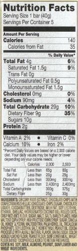 nutrition label  - proof that every bar of chocolate has recommended no. of servings as indicated by the servings per pack.