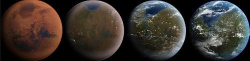 mars terra forming progress - created to show what Mars might look like at various stages while being terraformed. notice many lakes would be near perfectly round due to forming in