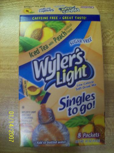 Wylers Light Singles to go! - MY FAVE! At only 5 calories per packet they are a must have in my home cause just when you think you ran out of drinks...add water...TA-DA you got drinks! This one has the best flavor also its Iced Tea with Peach and there sugar free, caffine free, and VERY pocket friendly yuup at $1.19 for 8 packets thats not breaking anyone's bank. Im very frugal but it pays to shop cheap;0)