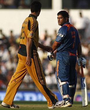 Dhoni vs Mitchel Jhonson - This picture was taken during the recent India-Australia One day series. It created a lot of speculation in the cricket world.