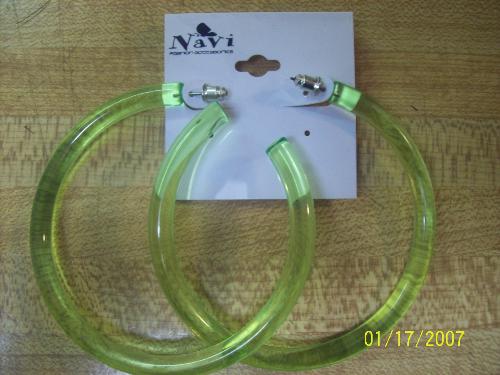 Jewelry - Yes a pair of my see-thru neon lime green earrings i love them to death i have them in all colors including pink i like to wear very bright earrings with all black it makes them pop out!