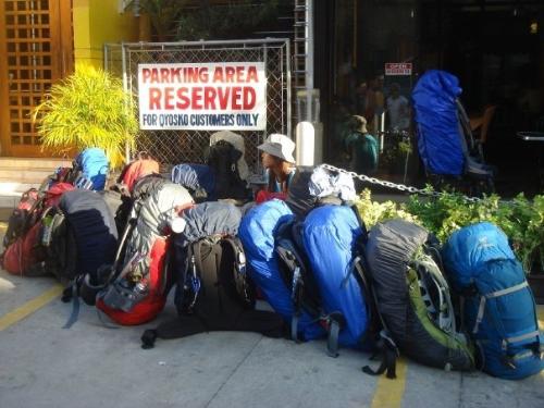 mountain climbing - climbers' bags readied for trip to the mountains